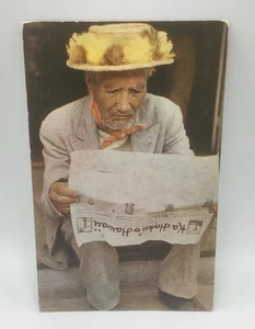 Native Hawaii Man Lei Hat Reading Newspaper-1960’s 3x5 RPPC Postcard UNPOSTED - Picture 1 of 2