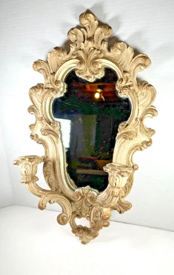 1960-70-х годов винтажный Syroco зеркало w прикрепленный свечи бра кремовый желтовато-коричневый смолы гламур - Изображение 1 из 4