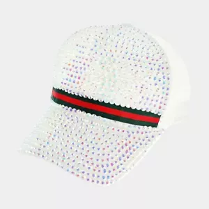 NEW Women's WHITE Full BLING Sparkle IRIDESCENT Gem Bling Baseball Cap STRIPE - Picture 1 of 1