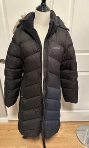 Marmot 700 Fill Down Parka Puffer Coat Jacket Women Large Hooded Black Long Blk - Picture 1 of 21