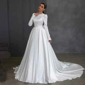 Modestos Vestidos de Novia Mangas Largas Apliques de Cuentas Satén Musulmanes Vestidos de Novia - Imagen 1 de 8
