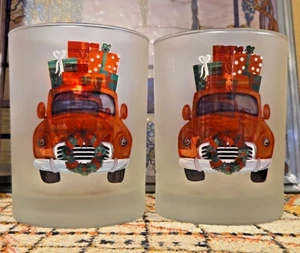 Durchbruch Milchglas altmodisches Glas Set 2 Windlichthalter LKW Auto Weihnachtsmotiv - Bild 1 von 13