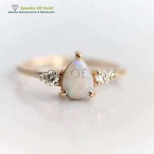 Anillo de pera de ópalo etíope y diamantes de oro amarillo de 14 k hecho a mano joyería regalo - Imagen 1 de 5