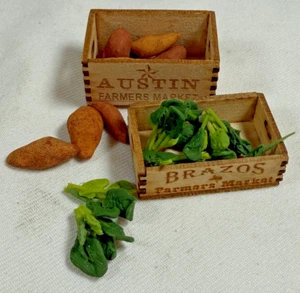 Dollhouse Miniature Crates of Vegetables, Potatoes and Spinach - Artisan, 1:12 - Picture 1 of 4