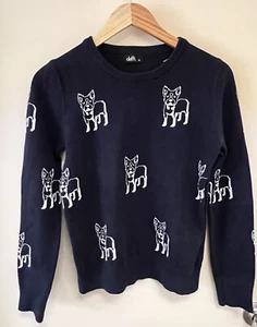 Dotti Navy Blue With French Bulldog Pattern Knit Sweater-Comfy-Casual-Size XS - Picture 1 of 9