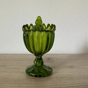 Avocado Green Depression Glass Marmalade Jam Jar Condiment Dish with Lid - Picture 1 of 12