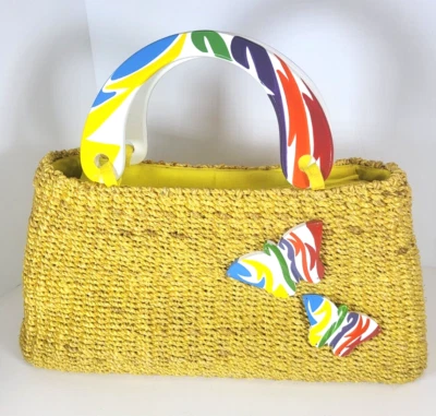 Cartera de Paja Mágica De Colección Pintada a Mano Multicolor Asas de Madera con Mariposas Amarillo Foto 1 de 4