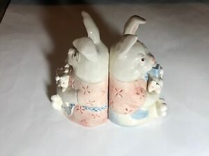 Vintage 1983 Fitz And Floyd Bunny Mom & Dad With Babies Bookends