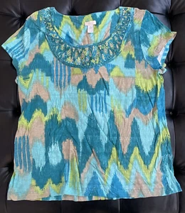 Damen Chico's blau/türkis geblümt Kurzarm Oberteil/T-Shirt Größe 2 - Bild 1 von 5