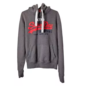 Superdry Vintage Gray Hoodie Red White Logo Drawstring Hood Kangaroo Mens L - Picture 1 of 7