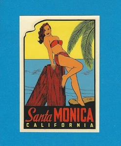 VINTAGE ORIGINAL 1949 SOUVENIR "MISS SANTA MONICA" CALIFORNIA WATER DECAL ART - Imagen 1 de 1