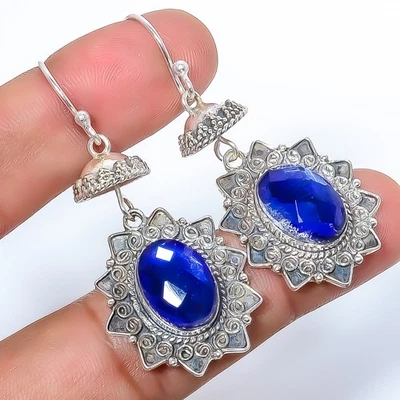 Brinco feito à mão de prata esterlina 925 pedra preciosa topázio místico arco-íris azul 1,76" A6 - Imagem 1 de 4