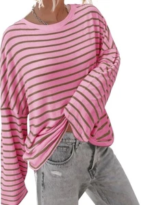 BZB Camicie a Righe da Donna Manica Lunga Girocollo Oversize a Coste Maglia Blusa Tg S - Foto 1 di 3