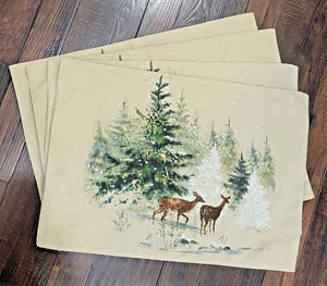 Raro juego de 4 manteles individuales de bosque de pino de nieve de ciervos de granero de cerámica 20”x14” - Imagen 1 de 10