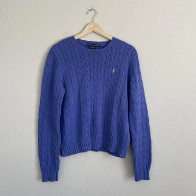 Suéter Ralph Lauren XL Púrpura Azul Tejido con Cable Cuello Redondo Algodón Verde Poni Logo Foto 1 de 4