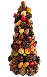 Vintage 1969 Table Top Christmas Tree Hand Made Pine Cones Nuts Fruits 10.5x5in - Picture 1 of 10