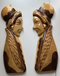 MCM Geisha Face Bust Silhouettes Hand Carved Painted Wood Wall Hanging Plaques - Picture 1 of 11