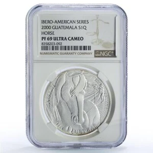 Guatemala 1 quetzal Caballo Man Horse Ibero-American PF69 NGC silver coin 2000 - Picture 1 of 2