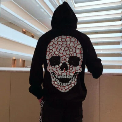 Fashion Skull Rhinestone Hot Drill Diamond Winter Hoodie Men Luxury Sweatshirt - Image 1 of 4