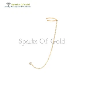 Party Wear 0.03 CT Real Diamond Stud and Ear Cuff 14k Yellow Gold Jewelry Gifts - Picture 1 of 4