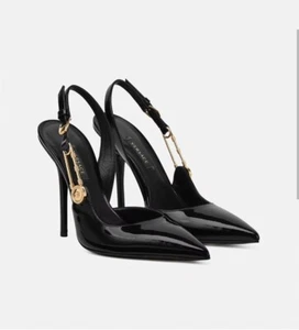 Versace Safety Pin Medusa Patent Leather Slingback Pumps Black 37  - Picture 1 of 6