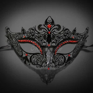 Luxury Filigree Metal Venetian Masquerade Mask for Women Black - Red Rhinestones - Bild 1 von 5