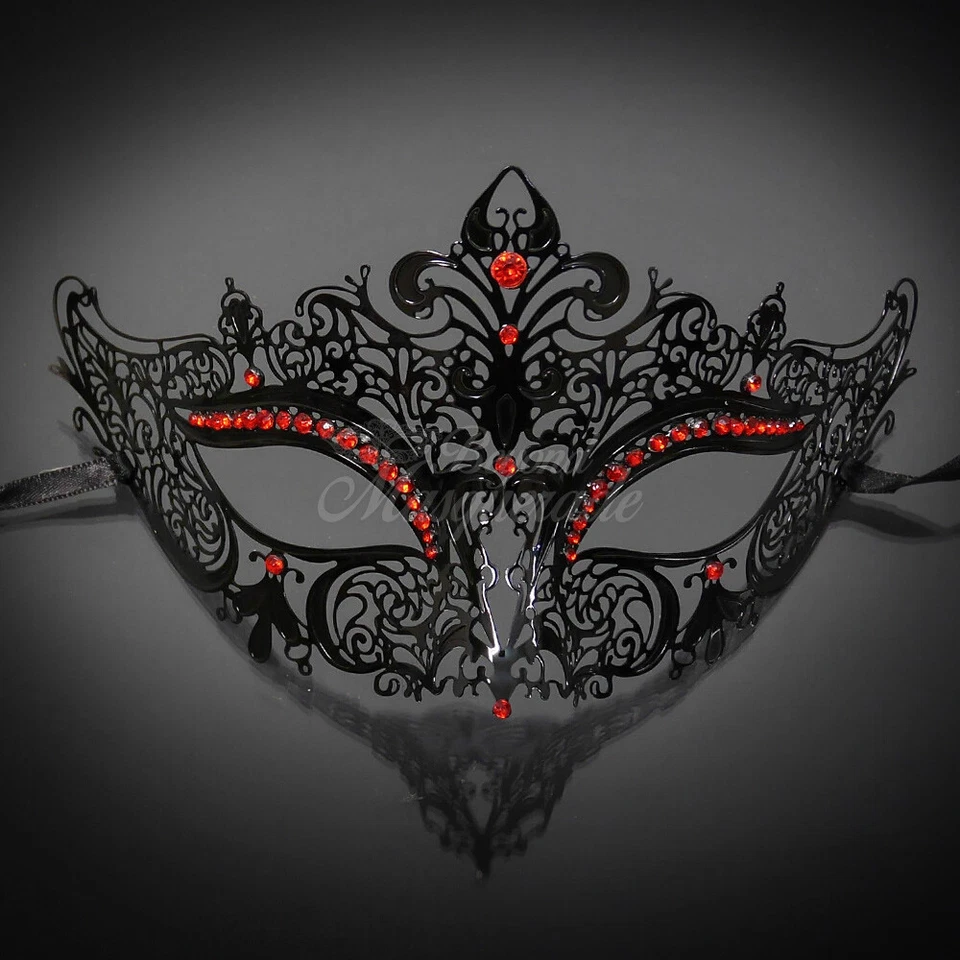 Luxury Filigree Metal Venetian Masquerade Mask for Women Black - Red Rhinestones - Image 1 of 4