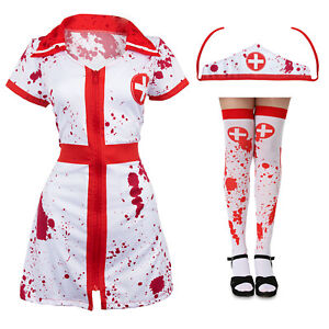 BLOODY NURSE HALLOWEEN FANCY DRESS COSTUME PLUS HAT AND BLOOD STAINED STOCKINGS