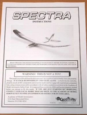 Great Planes SPECTRA Manual Instruction Book w/ Parts List Brand New! OEM - Image 1 of 4