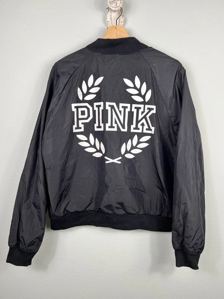 Chaqueta Bomber ROSA Victoria’s Secret Para Mujer Negra Manga Larga Cremallera Completa Talla L Foto 1 de 4