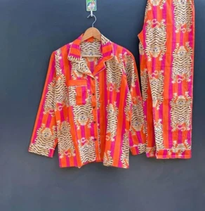 Indian 100% Cotton Orange Tiger Printed PJ Sets Women's Sleepwear Night Suit US - Picture 1 of 5