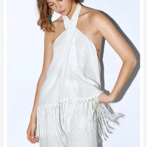ZARA Twist Halter Fringe Tank Top Off White Linen Boho Chic MEDIUM - Picture 1 of 9