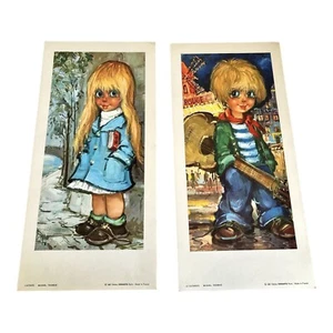 VINTAGE MICHEL THOMAS BIG EYE CHILDREN ART PRINTS FRANCE - Picture 1 of 8
