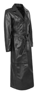 Womens Soft Black Leather Full Length Coat Ankle Long Overcoat Matrix Trench NEW - Picture 1 of 7