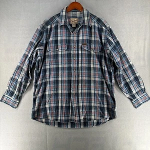 Woolrich Mens Flannel Plaid Shirt Large Blue Outdoor Wear Pockets Logo Classic - Picture 1 of 21