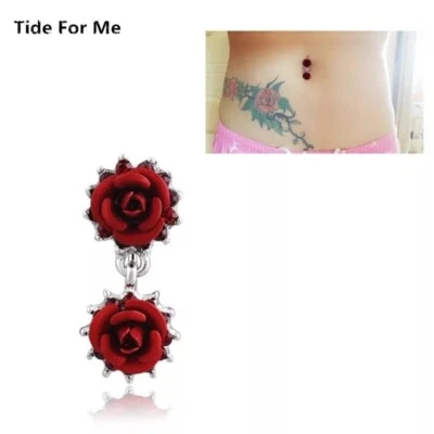 Reverse Red Rose love Flower dangle Belly Navel Button Ring Piercing Top Down - Image 1 of 4