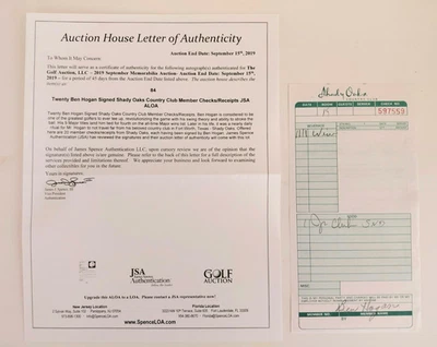 Ben Hogan Signed Check From Shady Oaks CC - JSA Certified Autograph - Golf HOF - Image 1 of 3