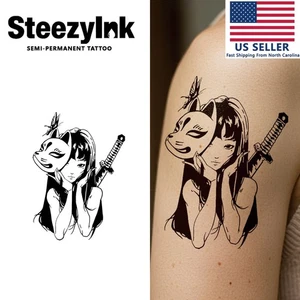 SteezyInk temporary tattoo Japanese Fox Girl last upto 2 weeks 4 x 7 inch - Picture 1 of 6