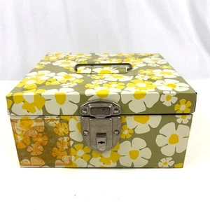 VTG Metal Storage Box Avocado Green Retro Daisies Flower Power Pattern with Key - Picture 1 of 17