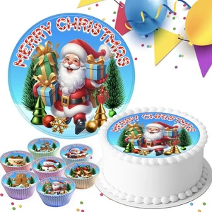 MERRY CHRISTMAS SANTA EDIBLE CAKE TOPPER & CUPCAKE TOPPERS XM-07 - Picture 1 of 7