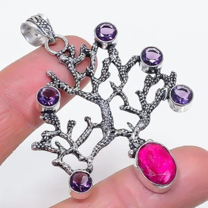 Ruby(Simulated), Amethyst Gemstone 925 Sterling Silver Pendant 2.56" s940 - Picture 1 of 2