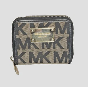 Michael Kors Zippered Bifold Black Gray Logo Wallet Change Credit Cards - Picture 1 of 6