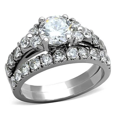1.30CT Round Cut CZ Solitaire Accent Pave Wedding Bridal Ring Set 316 Steel - Image 1 of 4