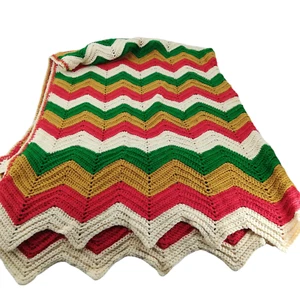 Vintage gehäkelte Chevron gestreifte afghanische Decke Überwurf Fransen 52 x 74 orange grün - Bild 1 von 8