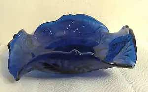 Vintage Cobalt Blue Glass Large Fruit Serving Dish ~ Fruit/Leaf Design Wave Edge - Picture 1 of 10
