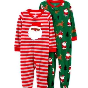 Just One You by Carter's 2 Fleece Sleepers- Green With Santa and Reindeer Footed - Picture 1 of 1