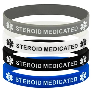 Steroid Medicated Medical Alert Wristbands – Set of 4 Silicone Bracelets 7" 8" - Picture 1 of 5