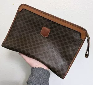Bolso Clutch Vintage CELINE Cuero PVC Macadam Marrón Auténtico de JAPÓN - Imagen 1 de 14