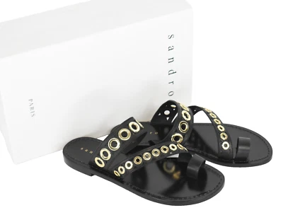 SANDRO Adelie Shoes Womens EU 37 / UK 4 Flat Leather Sandals Eyelets Black - Image 1 of 4