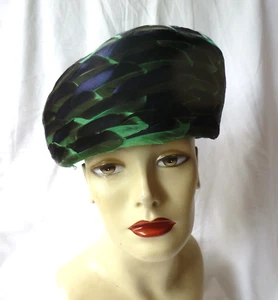 Hand Made Emerald Green Velvet High Crown Pill Box Hat Iridescent Feathers 58cms - Picture 1 of 10